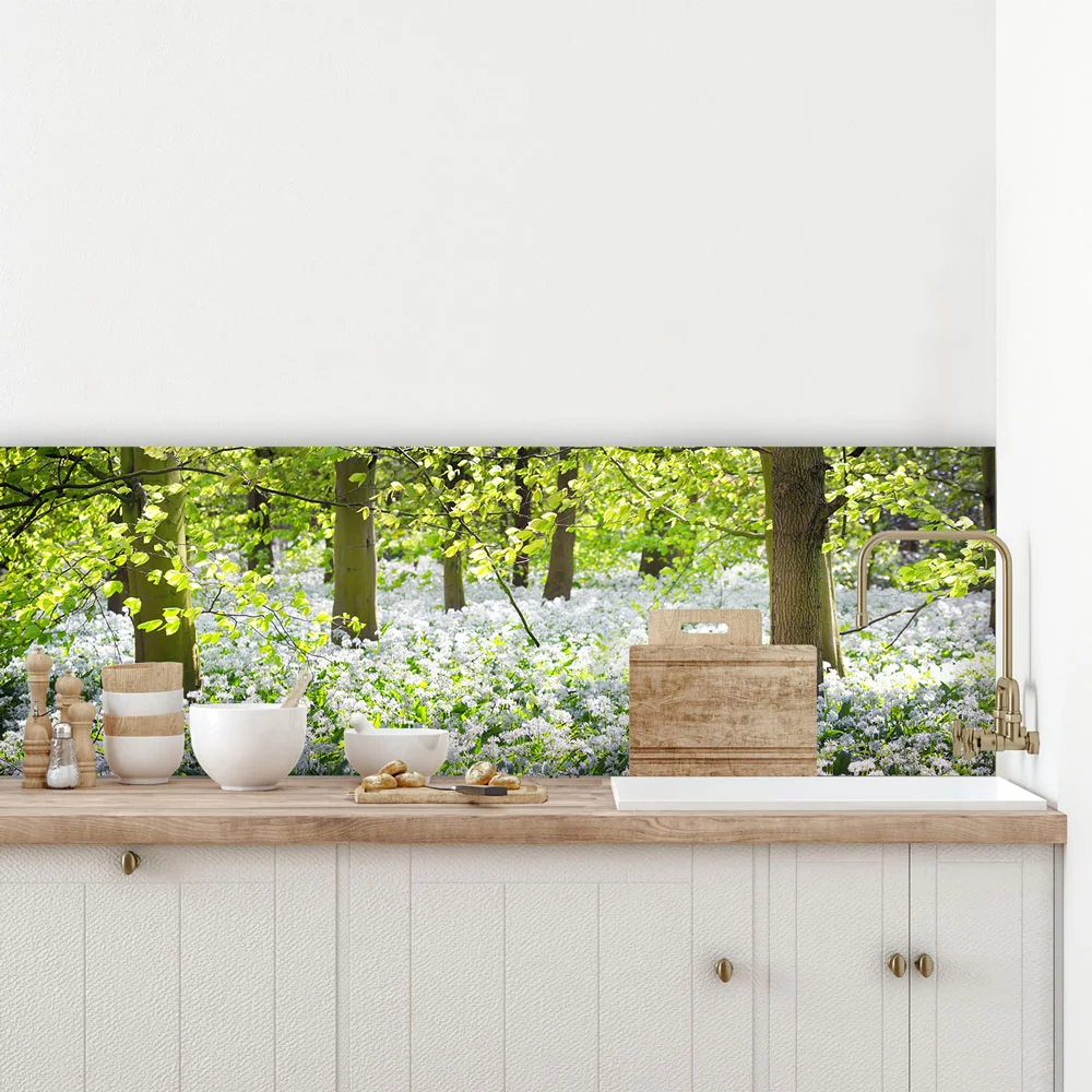Green forest and white blooming wild garlic Splashback Green forest and white blooming wild garlic Splashback