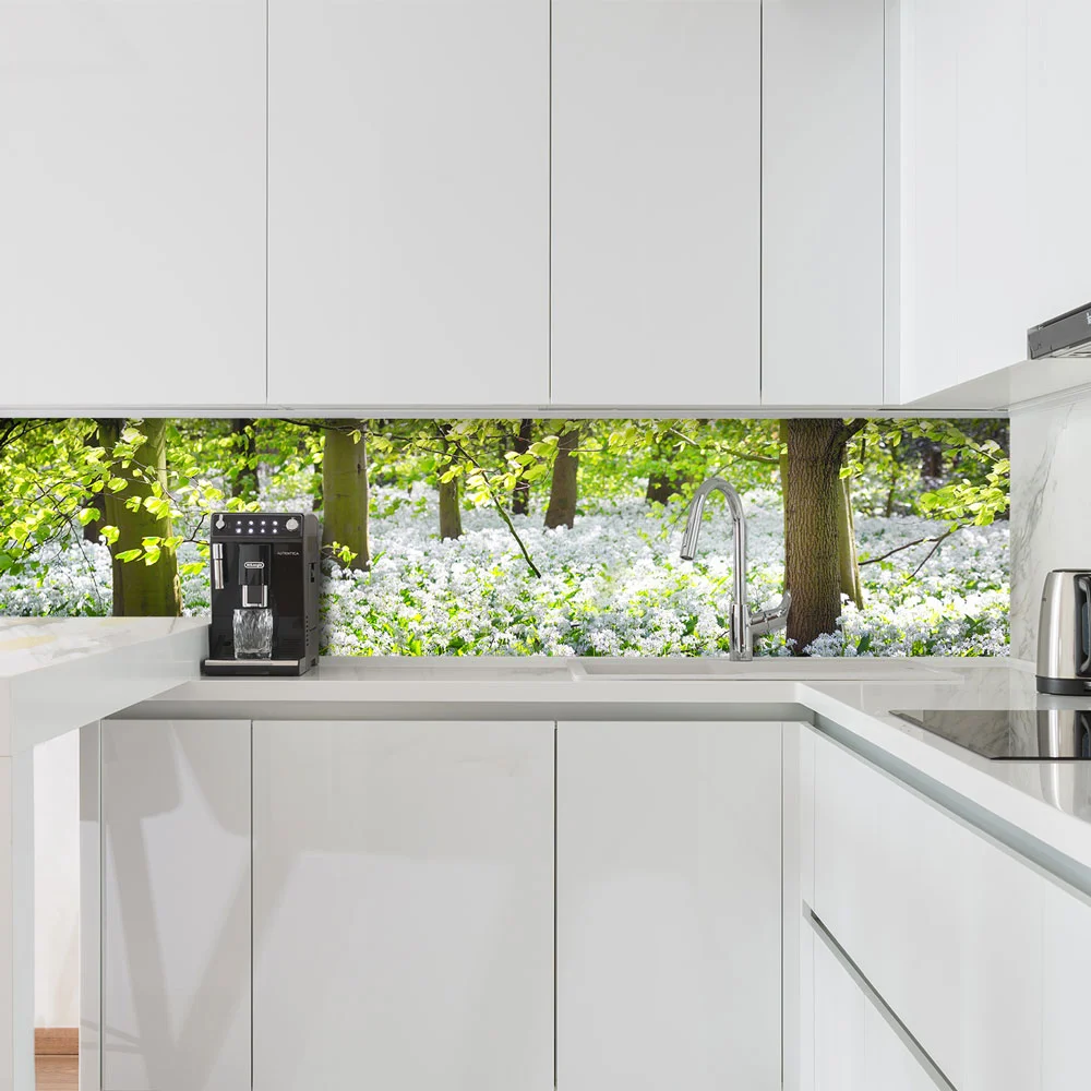 Green forest and white blooming wild garlic Splashback Green forest and white blooming wild garlic Splashback