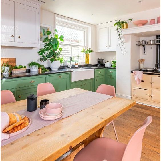 Pink and green country kitchen.