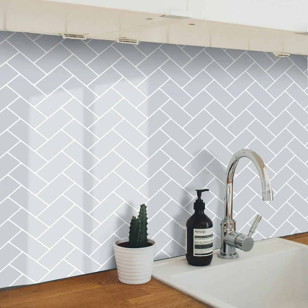 Grey Printed Herringbone Tile Splashback Grey Printed Herringbone Tile Splashback