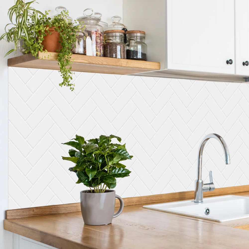 Printed Herringbone Tile with Light Grouting Splashback Printed Herringbone Tile with Light Grouting Splashback