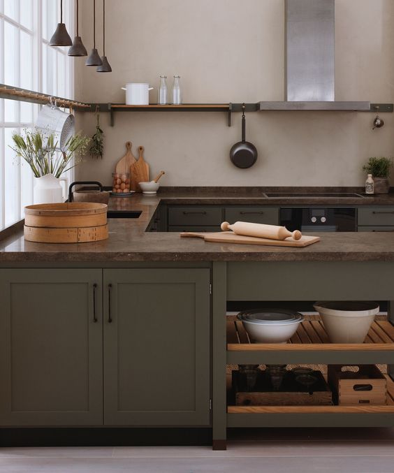 green modern kitchen, clutter free