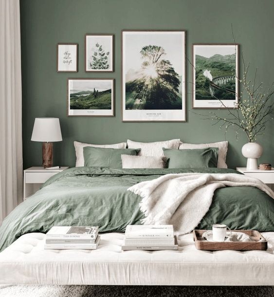 green and white bedroom