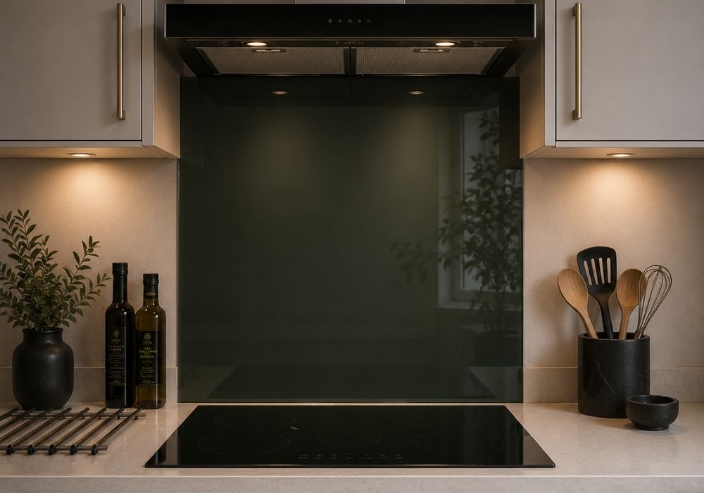Glossy dark green glass splashback behind a modern induction hob in a luxury contemporary kitchen with neutral cabinetry and warm under-cabinet lighting.